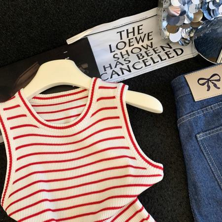 BY12444# 小香风撞色条纹无袖针织背心女夏气质名媛高级感新款上衣女 服裝批發女裝批發服飾貨源