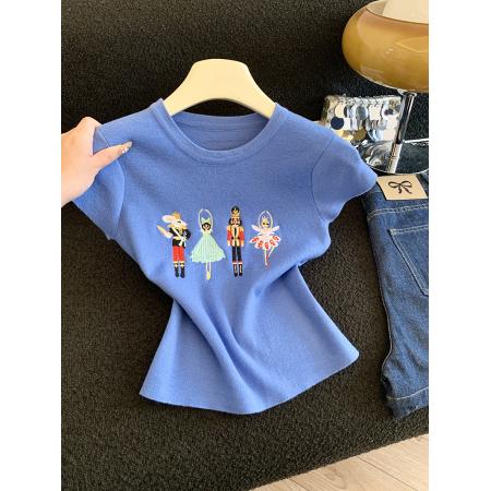 BY12446# 时尚重工刺绣卡通短袖针织衫女夏季新款减龄百搭上衣 服裝批發女裝批發服飾貨源