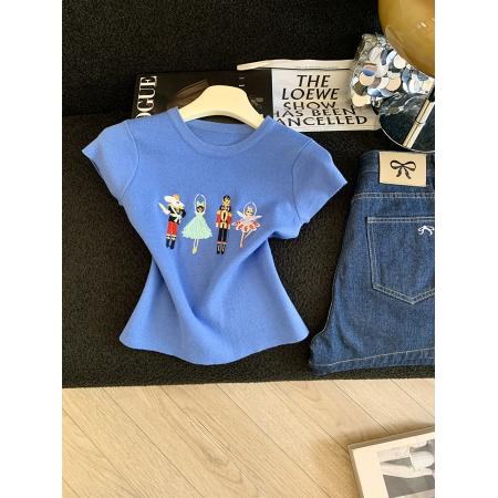 BY12446# 时尚重工刺绣卡通短袖针织衫女夏季新款减龄百搭上衣 服裝批發女裝批發服飾貨源