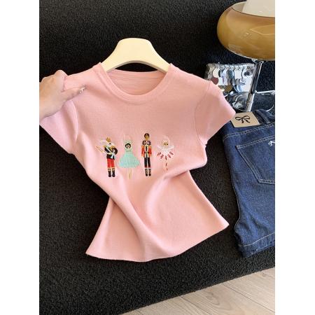 BY12446# 时尚重工刺绣卡通短袖针织衫女夏季新款减龄百搭上衣 服裝批發女裝批發服飾貨源