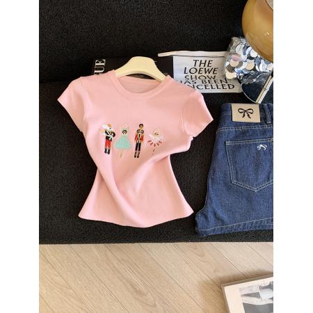 BY12446# 时尚重工刺绣卡通短袖针织衫女夏季新款减龄百搭上衣 服裝批發女裝批發服飾貨源