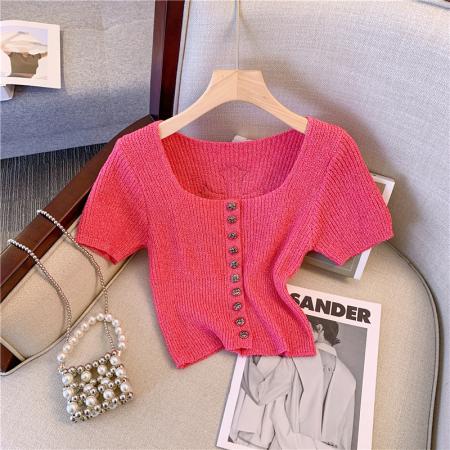 BY12447# 新款针织短袖T恤女夏季别致设计感方领露锁骨高腰短款上衣女 服裝批發女裝批發服飾貨源