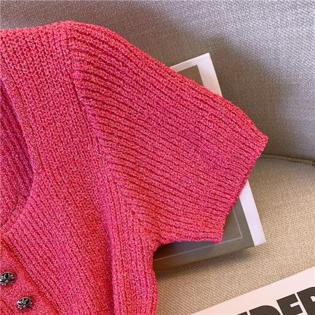 BY12447# 新款针织短袖T恤女夏季别致设计感方领露锁骨高腰短款上衣女 服裝批發女裝批發服飾貨源