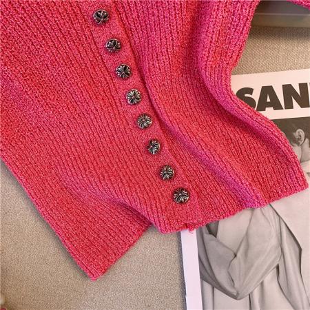 BY12447# 新款针织短袖T恤女夏季别致设计感方领露锁骨高腰短款上衣女 服裝批發女裝批發服飾貨源