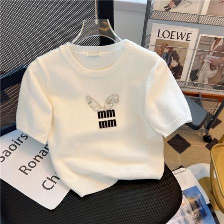 BY12448# 针织面料百搭休闲圆领套头夏季新款设计感小众短袖上衣 服裝批發女裝批發服飾貨源