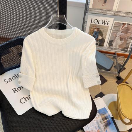 BY12449# 纯原新款坑条挑孔打花大气优雅针织衫女士短袖打底上衣 服裝批發女裝批發服飾貨源