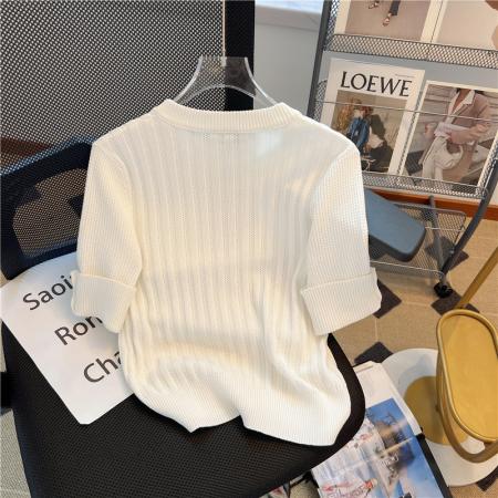 BY12449# 纯原新款坑条挑孔打花大气优雅针织衫女士短袖打底上衣 服裝批發女裝批發服飾貨源