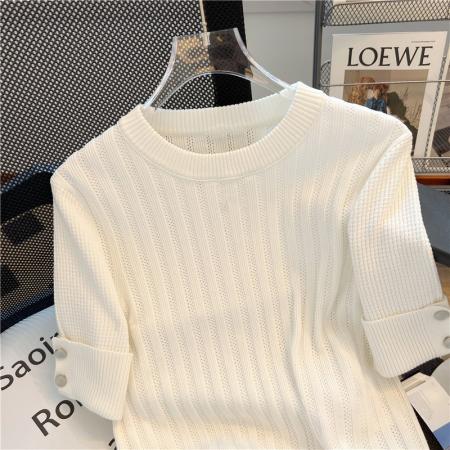 BY12449# 纯原新款坑条挑孔打花大气优雅针织衫女士短袖打底上衣 服裝批發女裝批發服飾貨源