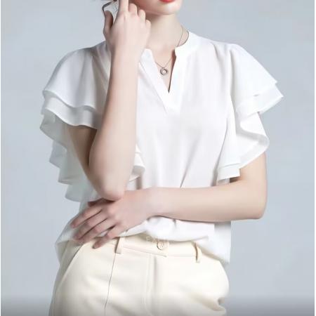 BY12450# 新款夏季韩系高级感白色荷叶边衬衫女百搭显瘦设计感气质上衣 服裝批發女裝批發服飾貨源