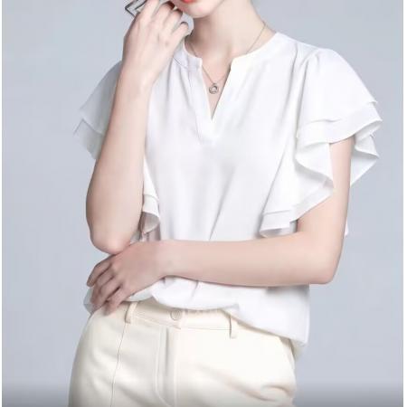 BY12450# 新款夏季韩系高级感白色荷叶边衬衫女百搭显瘦设计感气质上衣 服裝批發女裝批發服飾貨源