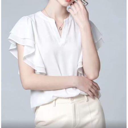 BY12450# 新款夏季韩系高级感白色荷叶边衬衫女百搭显瘦设计感气质上衣 服裝批發女裝批發服飾貨源