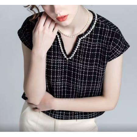 BY12451# 新款夏季法式时尚轻熟格子短袖V领T恤女宽松显瘦气质百搭上衣 服裝批發女裝批發服飾貨源