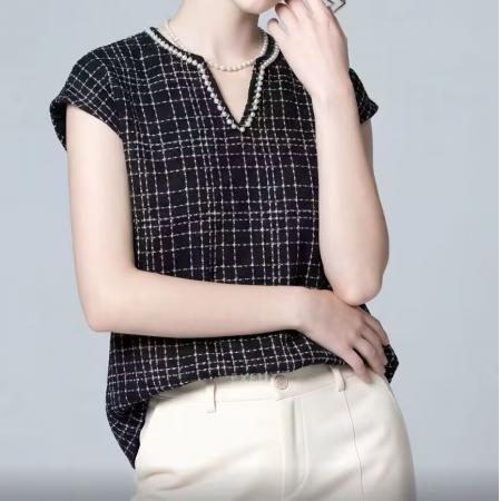 BY12451# 新款夏季法式时尚轻熟格子短袖V领T恤女宽松显瘦气质百搭上衣 服裝批發女裝批發服飾貨源