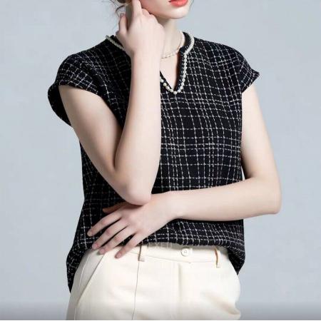 BY12451# 新款夏季法式时尚轻熟格子短袖V领T恤女宽松显瘦气质百搭上衣 服裝批發女裝批發服飾貨源