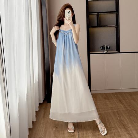 BY12454# v领吊带连衣裙女夏新款雪纺蓝色渐变度假风海边沙滩裙子 服裝批發女裝批發服飾貨源