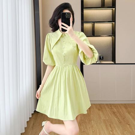 BY12457# 果绿色衬衫连衣裙女夏高级感漂亮气质名媛绝美法式显瘦泡泡袖裙子 服裝批發女裝批發服飾貨源