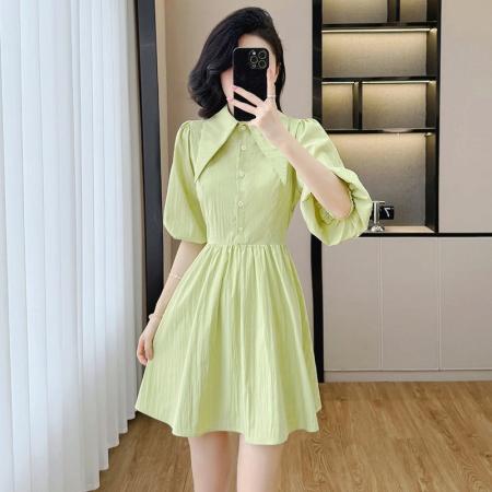 BY12457# 果绿色衬衫连衣裙女夏高级感漂亮气质名媛绝美法式显瘦泡泡袖裙子 服裝批發女裝批發服飾貨源