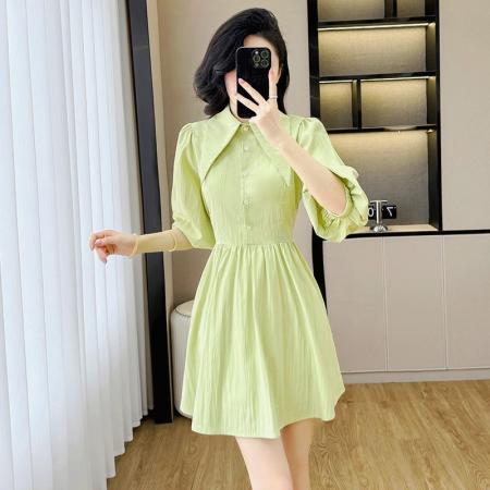 BY12457# 果绿色衬衫连衣裙女夏高级感漂亮气质名媛绝美法式显瘦泡泡袖裙子 服裝批發女裝批發服飾貨源