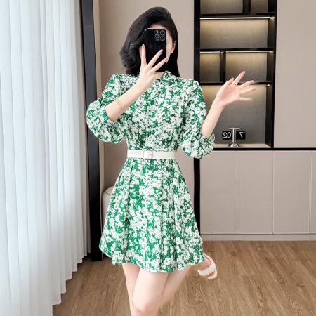 BY12459# 新款雪纺碎花v领连衣裙女夏季胖mm显瘦高级感法式茶歇裙 服裝批發女裝批發服飾貨源