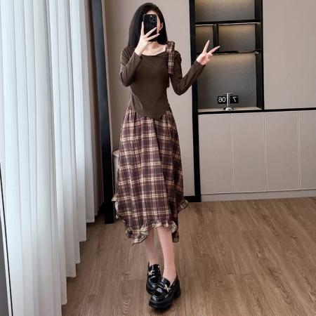 BY12460# 不规则斜肩长袖上衣雪纺格纹半身裙女套装薄款春秋新款连衣裙 服裝批發女裝批發服飾貨源