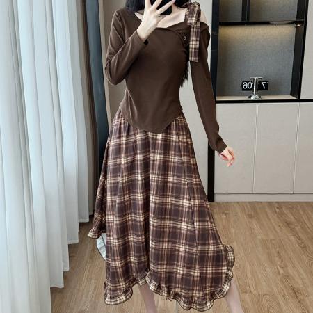 BY12460# 不规则斜肩长袖上衣雪纺格纹半身裙女套装薄款春秋新款连衣裙 服裝批發女裝批發服飾貨源