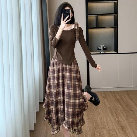 BY12460# 不规则斜肩长袖上衣雪纺格纹半身裙女套装薄款春秋新款连衣裙 服裝批發女裝批發服飾貨源