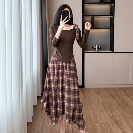 BY12460# 不规则斜肩长袖上衣雪纺格纹半身裙女套装薄款春秋新款连衣裙 服裝批發女裝批發服飾貨源