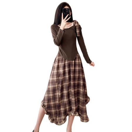 BY12460# 不规则斜肩长袖上衣雪纺格纹半身裙女套装薄款春秋新款连衣裙 服裝批發女裝批發服飾貨源