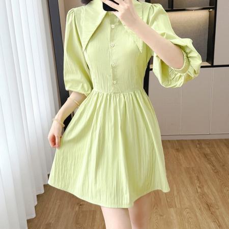 BY12461# 法式温柔甜美风翻领泡泡袖衬衫连衣裙女春季新款收腰显瘦短裙 服裝批發女裝批發服飾貨源