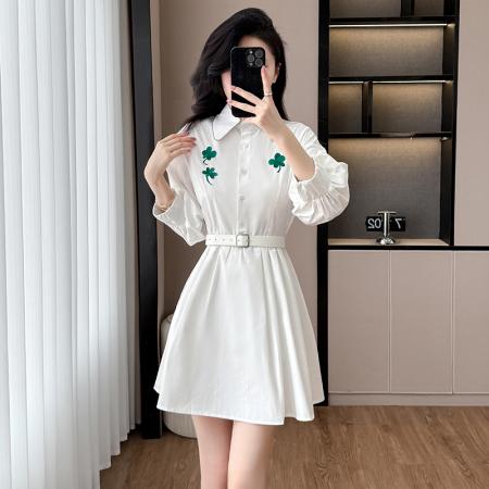 BY12462# 春装法式气质减龄灯笼袖收腰衬衫连衣裙显瘦裙子 服裝批發女裝批發服飾貨源