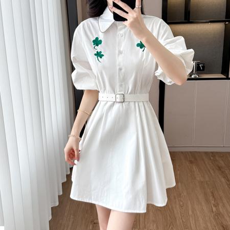 BY12462# 春装法式气质减龄灯笼袖收腰衬衫连衣裙显瘦裙子 服裝批發女裝批發服飾貨源