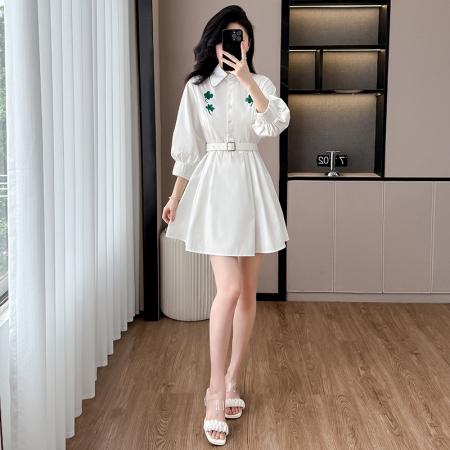 BY12462# 春装法式气质减龄灯笼袖收腰衬衫连衣裙显瘦裙子 服裝批發女裝批發服飾貨源