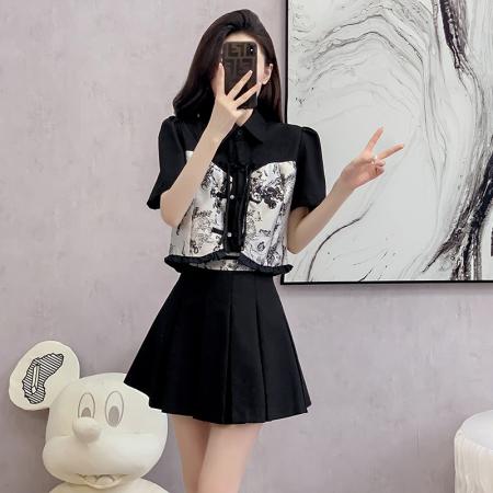 BY12463# 新中式国风假两件衬衫女夏季新款法式复古高级感显瘦上衣套裙 服裝批發女裝批發服飾貨源