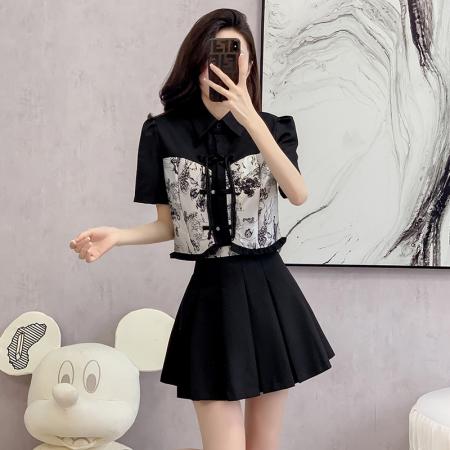 BY12463# 新中式国风假两件衬衫女夏季新款法式复古高级感显瘦上衣套裙 服裝批發女裝批發服飾貨源