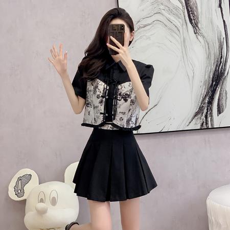 BY12463# 新中式国风假两件衬衫女夏季新款法式复古高级感显瘦上衣套裙 服裝批發女裝批發服飾貨源