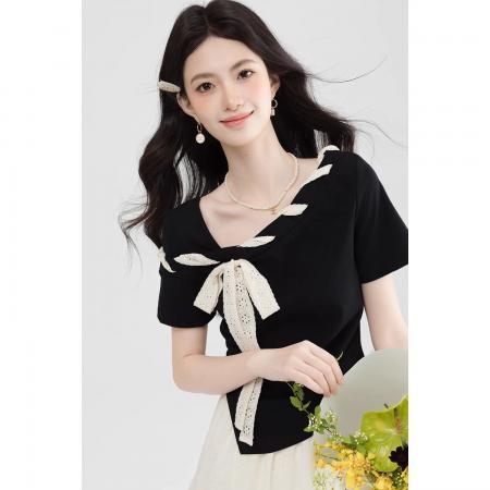 BY12464# 黑色斜肩短袖T恤女夏季独特绝美气质显瘦漂亮上衣 服裝批發女裝批發服飾貨源