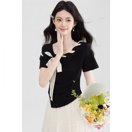 BY12464# 黑色斜肩短袖T恤女夏季独特绝美气质显瘦漂亮上衣 服裝批發女裝批發服飾貨源