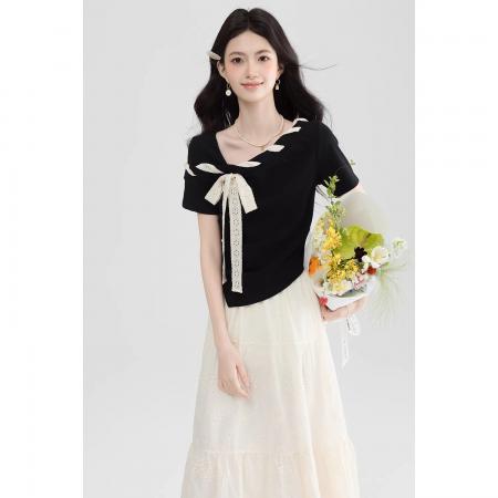 BY12464# 黑色斜肩短袖T恤女夏季独特绝美气质显瘦漂亮上衣 服裝批發女裝批發服飾貨源