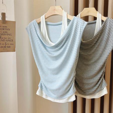 BY12465# 条纹t恤女夏季新款设计感褶皱收腰假两件挂脖坎肩无袖荡领上衣潮 服裝批發女裝批發服飾貨源