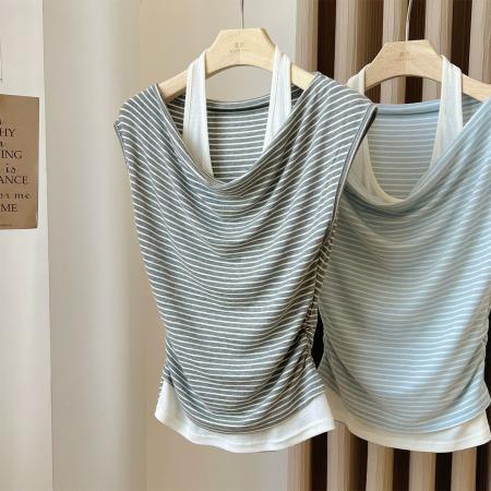 BY12465# 条纹t恤女夏季新款设计感褶皱收腰假两件挂脖坎肩无袖荡领上衣潮 服裝批發女裝批發服飾貨源