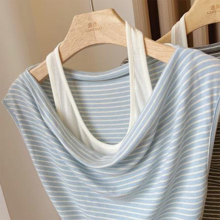 BY12465# 条纹t恤女夏季新款设计感褶皱收腰假两件挂脖坎肩无袖荡领上衣潮 服裝批發女裝批發服飾貨源