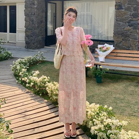 BY12467# 品质小个子蕾丝绣花套装花边小衫高腰半身裙两件套 服裝批發女裝批發服飾貨源