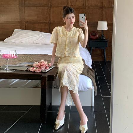 BY12467# 品质小个子蕾丝绣花套装花边小衫高腰半身裙两件套 服裝批發女裝批發服飾貨源