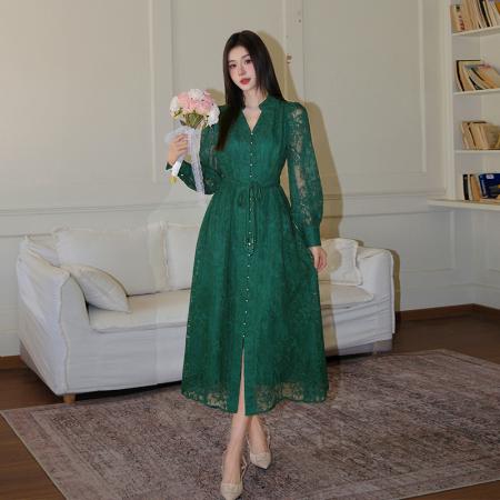 BY12469# 品质重工刺绣V领灯笼袖连衣裙收腰显瘦大摆长裙子 服裝批發女裝批發服飾貨源