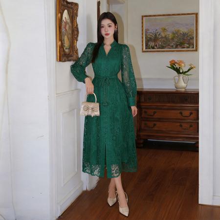 BY12469# 品质重工刺绣V领灯笼袖连衣裙收腰显瘦大摆长裙子 服裝批發女裝批發服飾貨源