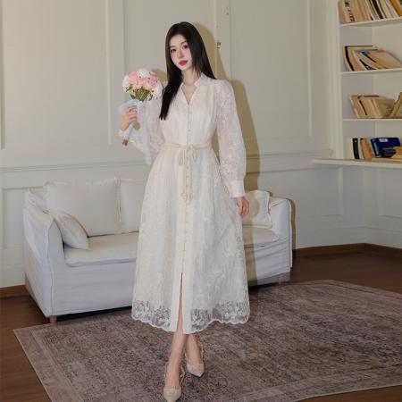 BY12469# 品质重工刺绣V领灯笼袖连衣裙收腰显瘦大摆长裙子 服裝批發女裝批發服飾貨源