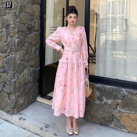 BY12470# 品质新款法式茶歇V领碎花连衣裙配腰带 服裝批發女裝批發服飾貨源