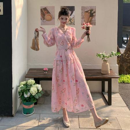 BY12470# 品质新款法式茶歇V领碎花连衣裙配腰带 服裝批發女裝批發服飾貨源