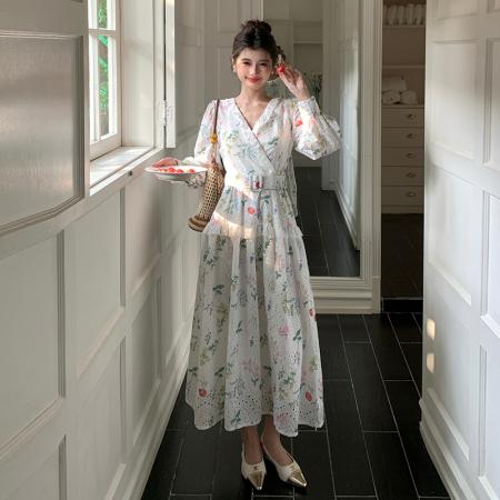 BY12470# 品质新款法式茶歇V领碎花连衣裙配腰带 服裝批發女裝批發服飾貨源