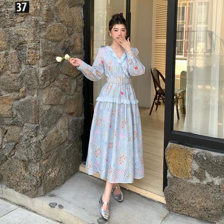 BY12470# 品质新款法式茶歇V领碎花连衣裙配腰带 服裝批發女裝批發服飾貨源